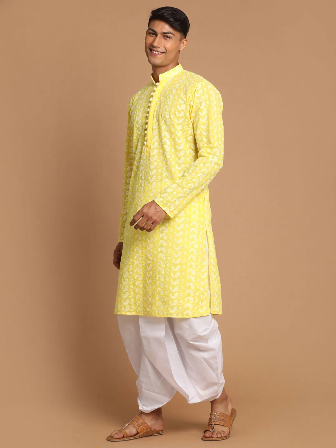 Jashvi Men's Mustard Pure Cotton Chikankari Kurta With Dhoti set