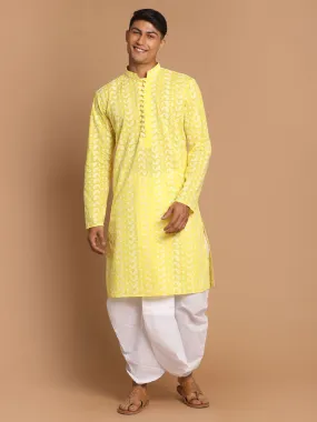 Jashvi Men's Mustard Pure Cotton Chikankari Kurta With Dhoti set