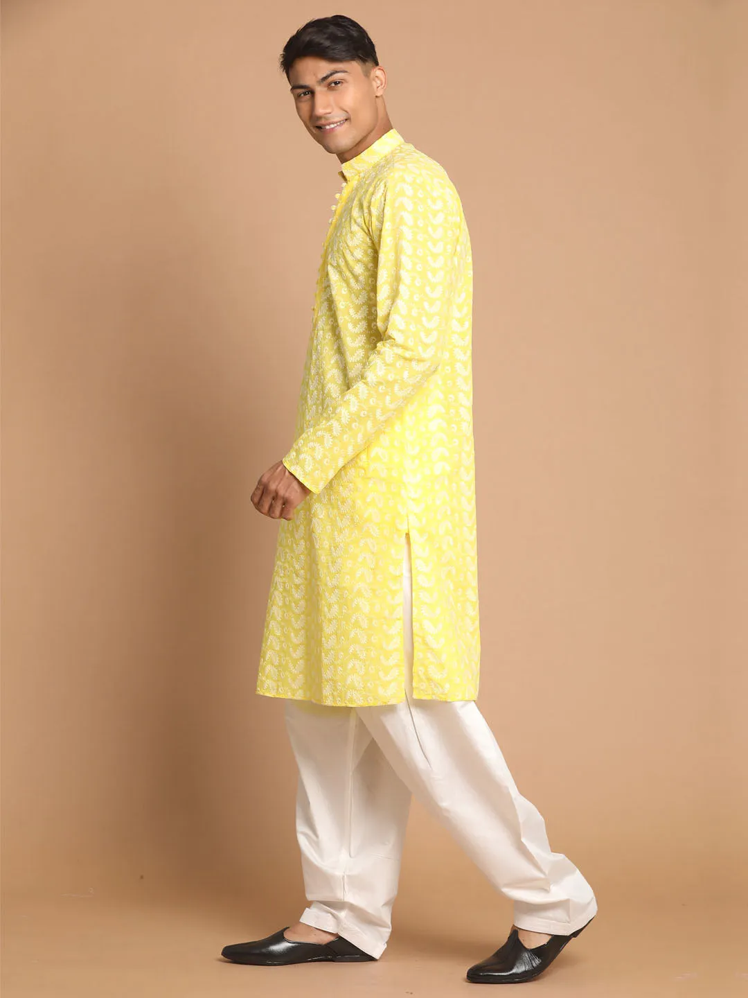 Jashvi Men's Mustard Pure Cotton Chikankari Kurta With Patiala set