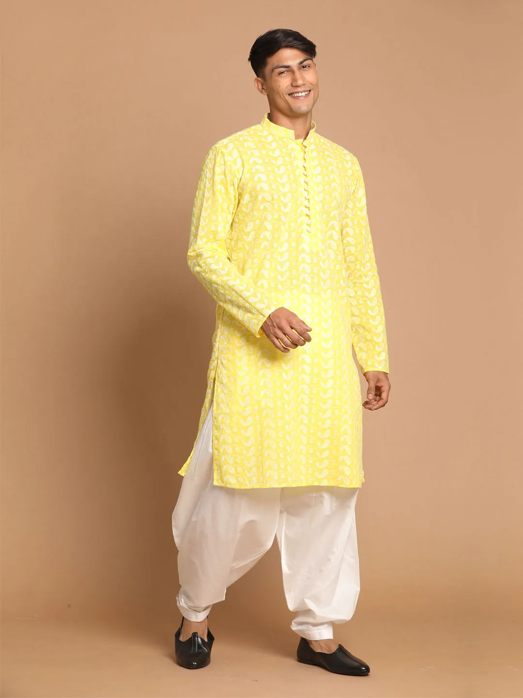 Jashvi Men's Mustard Pure Cotton Chikankari Kurta With Patiala set