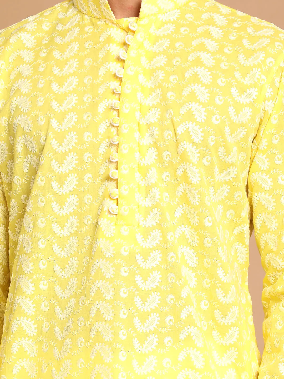 Jashvi Men's Mustard Pure Cotton Chikankari Kurta With Patiala set