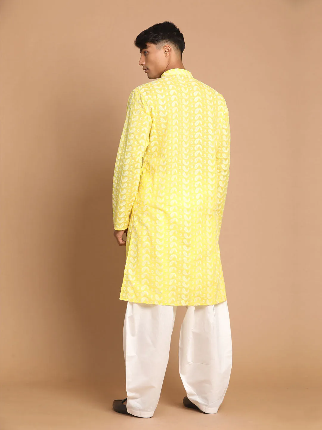 Jashvi Men's Mustard Pure Cotton Chikankari Kurta With Patiala set