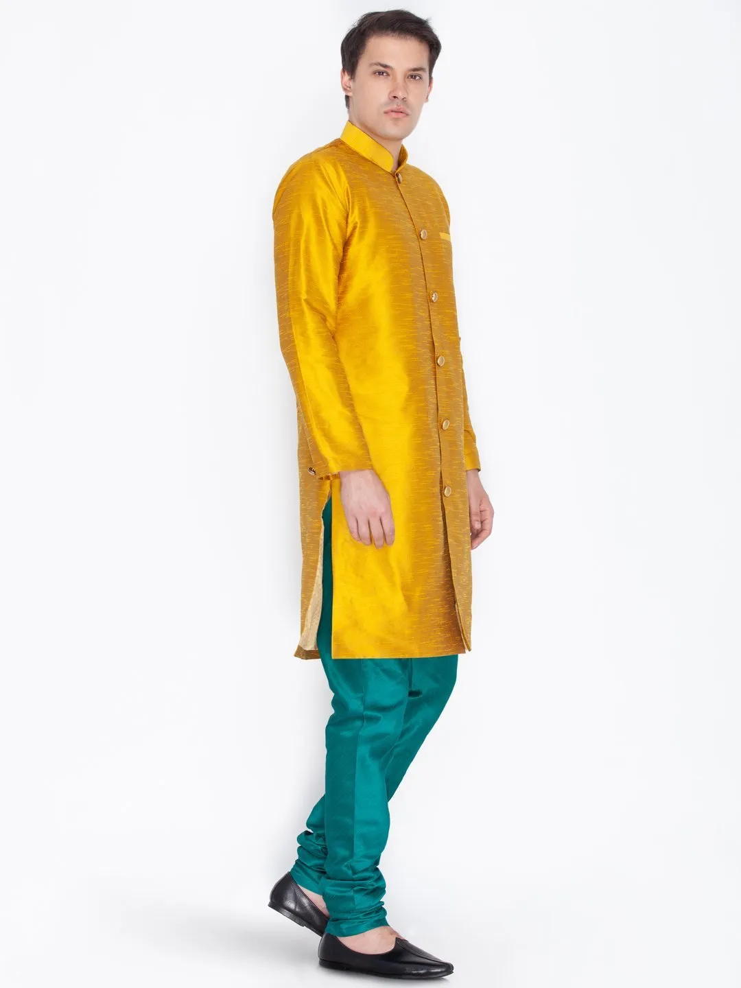 Jashvi Men's Mustard Silk Blend Sherwani Set