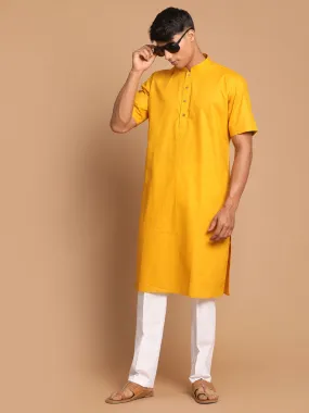 Jashvi Men's Mustard Solid Kurta with White Pant style Cotton Pyjama Set