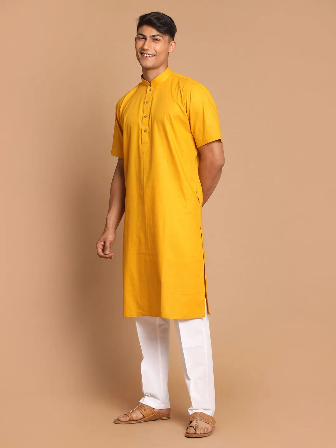 Jashvi Men's Mustard Solid Kurta with White Pant style Cotton Pyjama Set