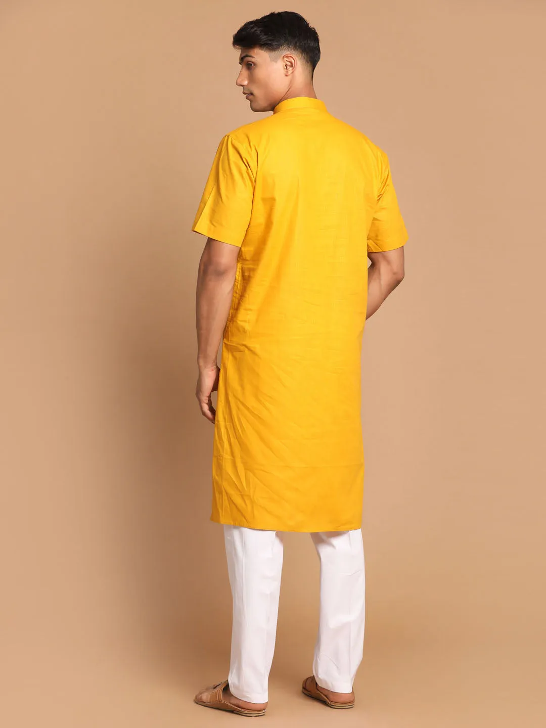 Jashvi Men's Mustard Solid Kurta with White Pant style Cotton Pyjama Set