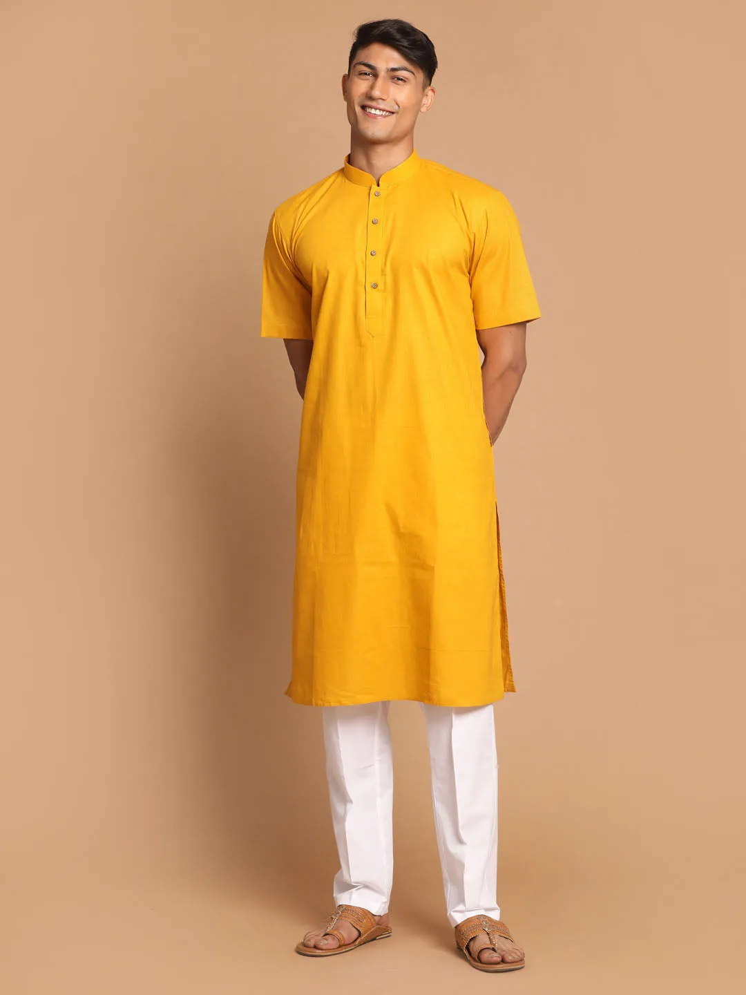 Jashvi Men's Mustard Solid Kurta with White Pant style Cotton Pyjama Set