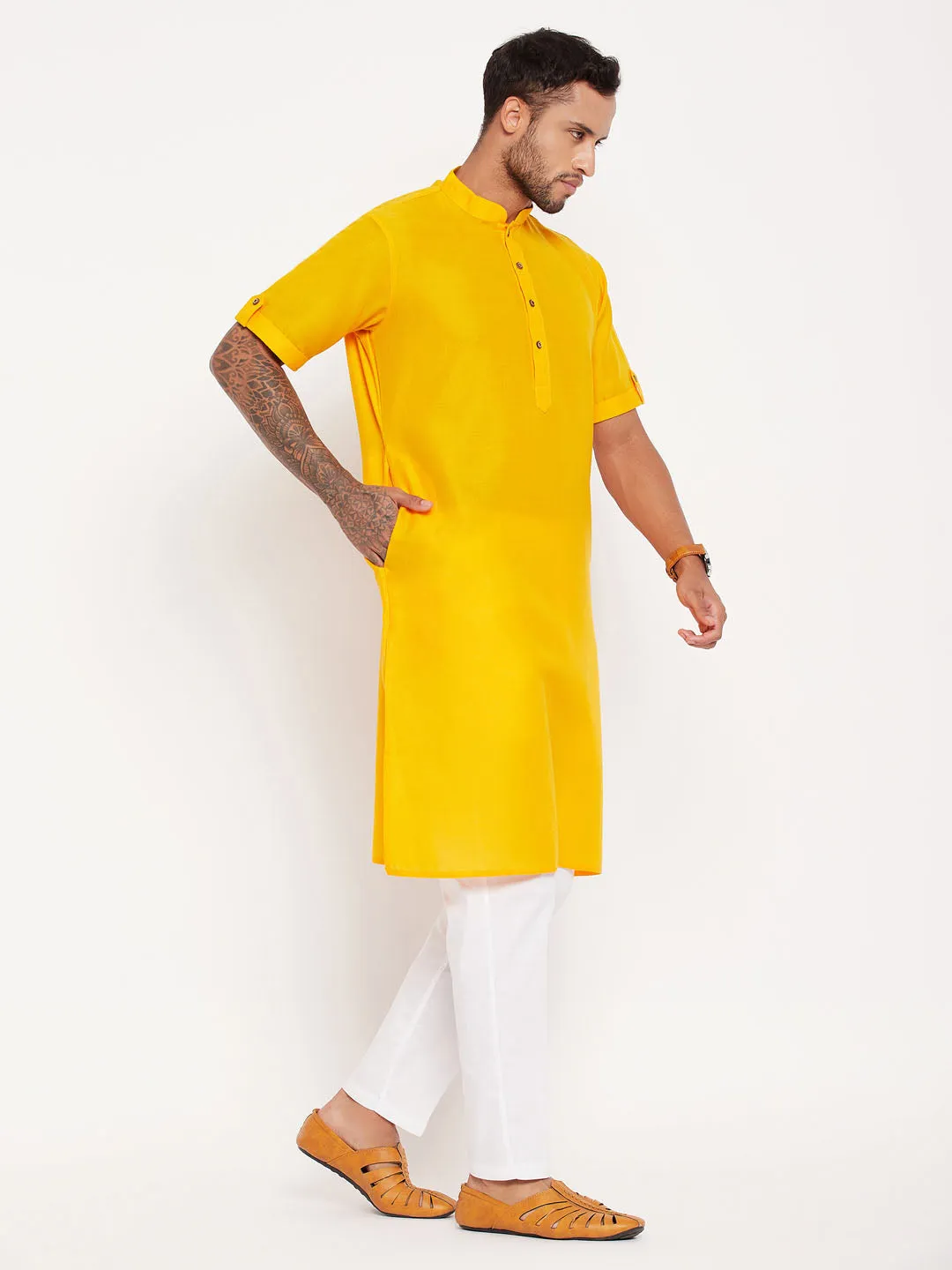 Jashvi Men's Mustard Solid Kurta with White Pant Style Pyjama Set