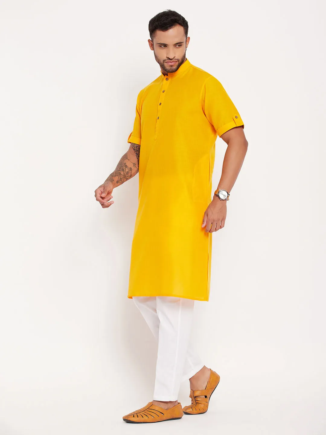 Jashvi Men's Mustard Solid Kurta with White Pant Style Pyjama Set