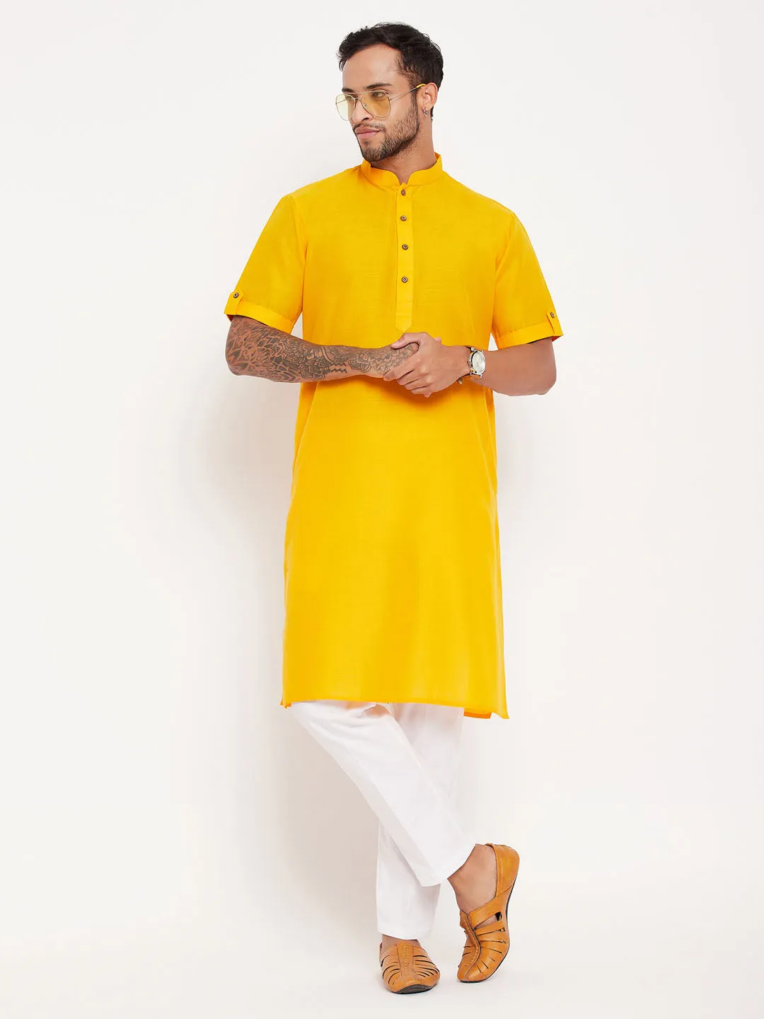 Jashvi Men's Mustard Solid Kurta with White Pant Style Pyjama Set