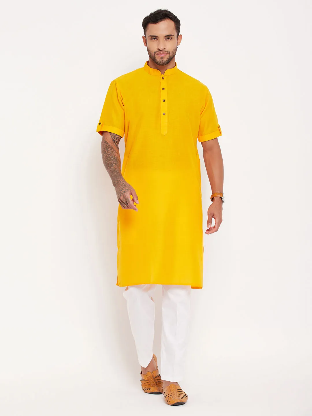 Jashvi Men's Mustard Solid Kurta with White Pant Style Pyjama Set