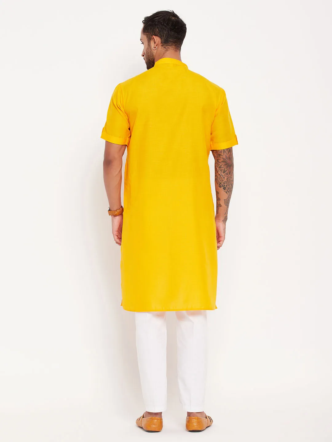 Jashvi Men's Mustard Solid Kurta with White Pant Style Pyjama Set