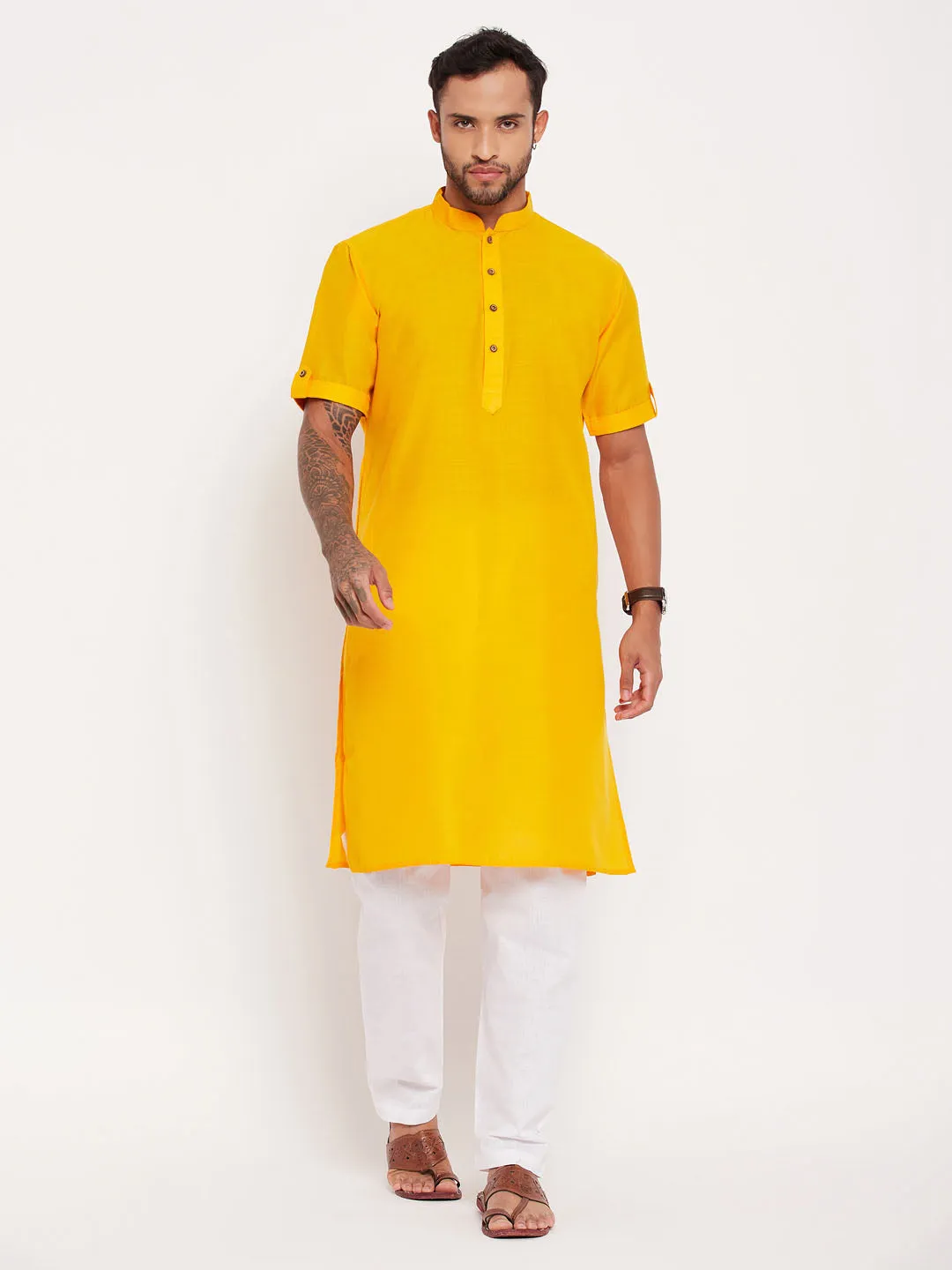 Jashvi Men's Mustard Solid Kurta with White Pyjama Set