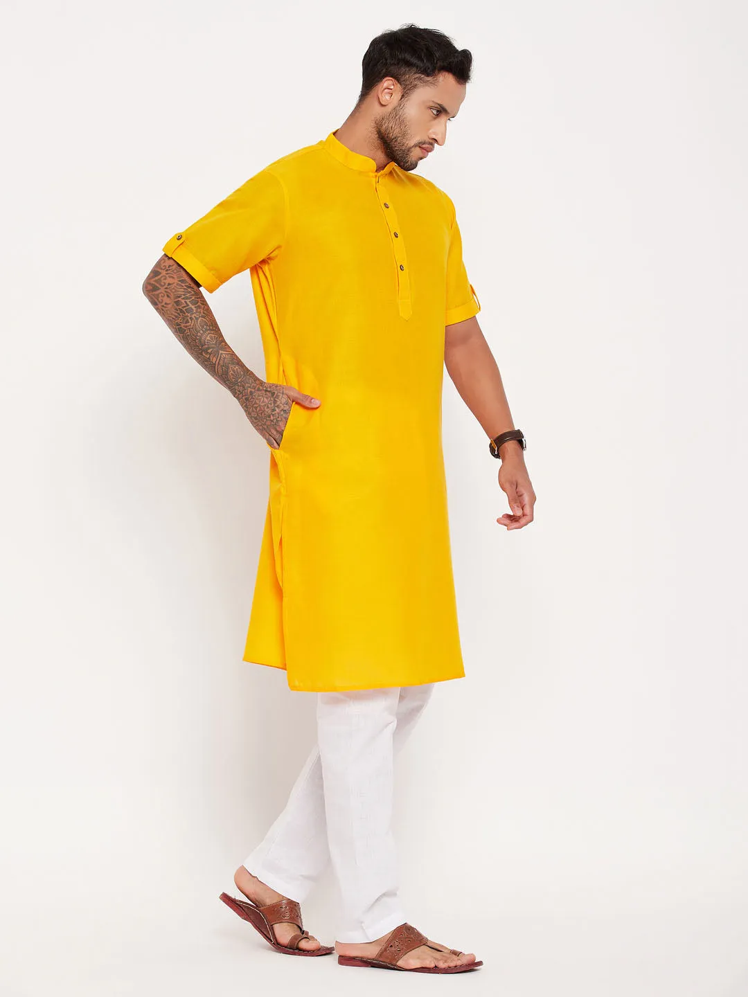 Jashvi Men's Mustard Solid Kurta with White Pyjama Set