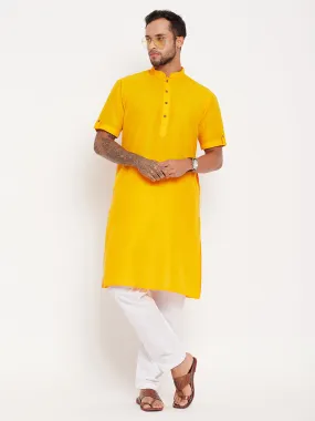 Jashvi Men's Mustard Solid Kurta with White Pyjama Set