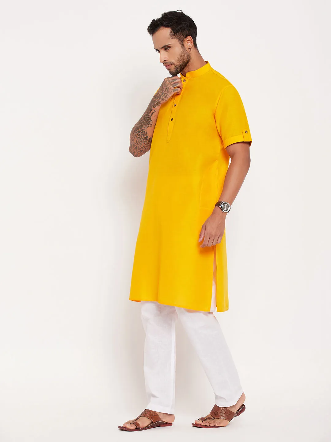 Jashvi Men's Mustard Solid Kurta with White Pyjama Set