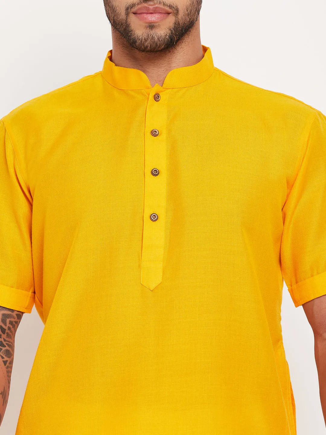 Jashvi Men's Mustard Solid Kurta with White Pyjama Set