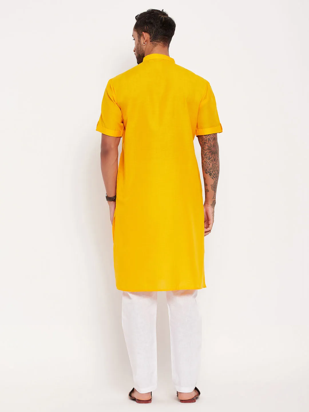 Jashvi Men's Mustard Solid Kurta with White Pyjama Set