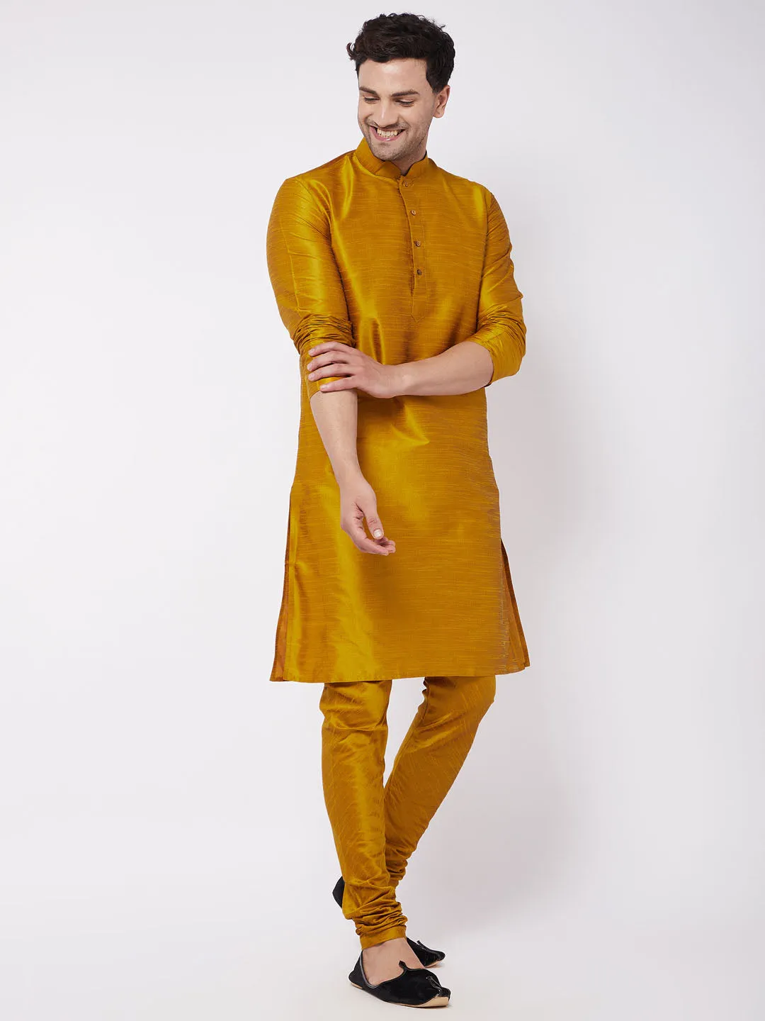 Jashvi Men's Mustard Solid Silk Blend Kurta Pyjama Set