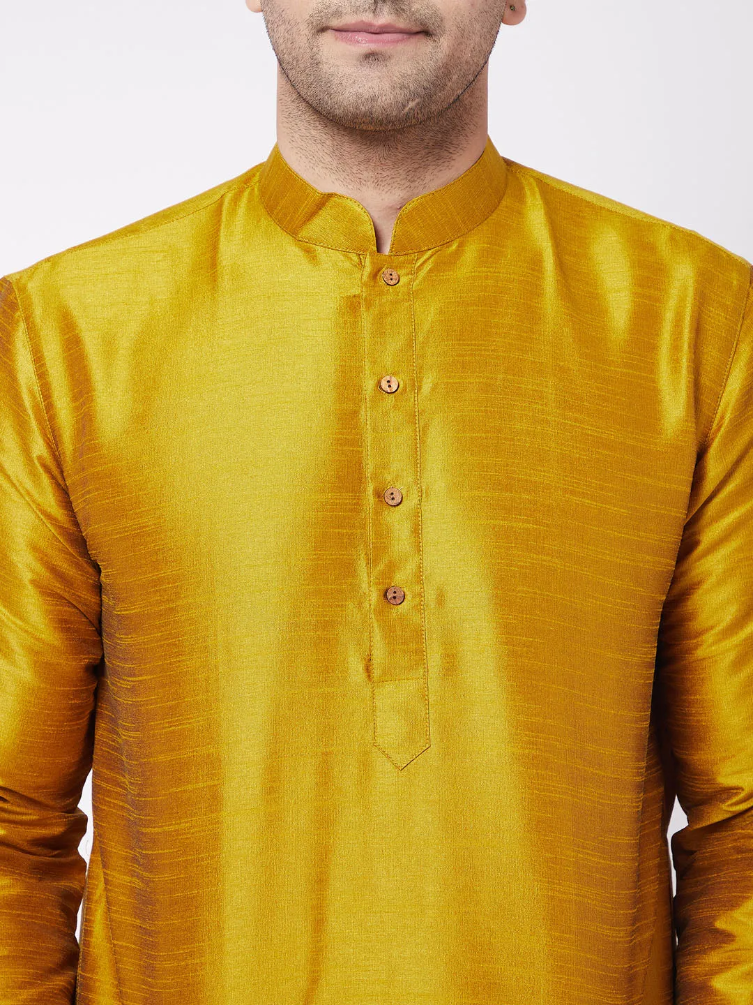 Jashvi Men's Mustard Solid Silk Blend Kurta Pyjama Set