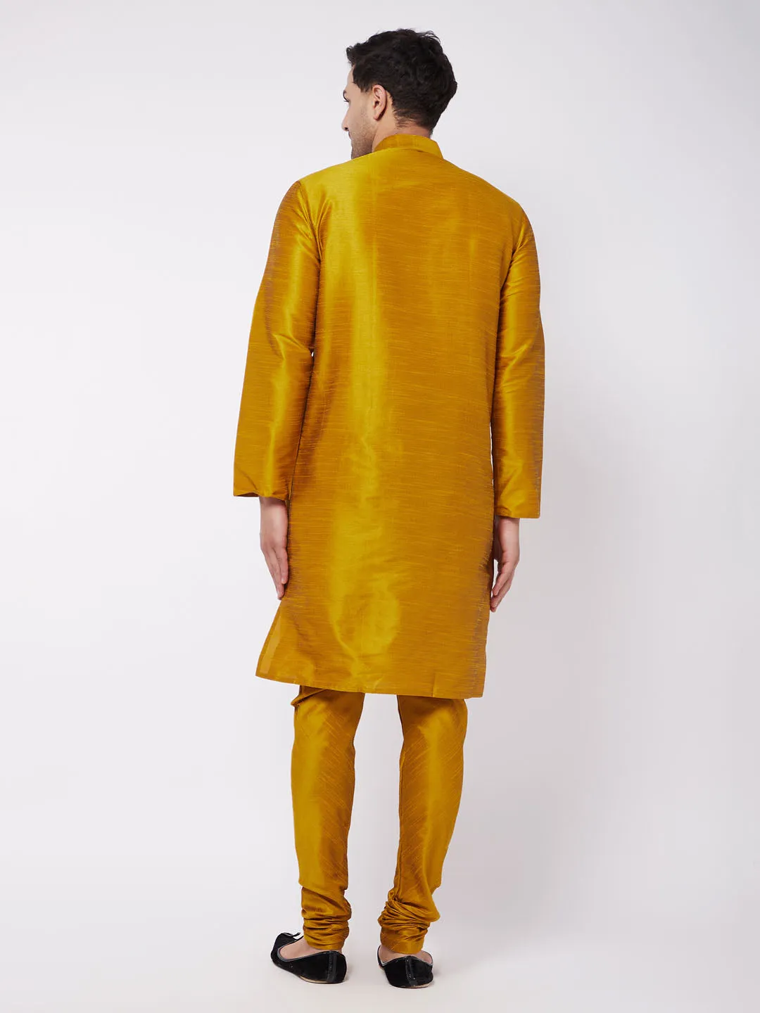 Jashvi Men's Mustard Solid Silk Blend Kurta Pyjama Set