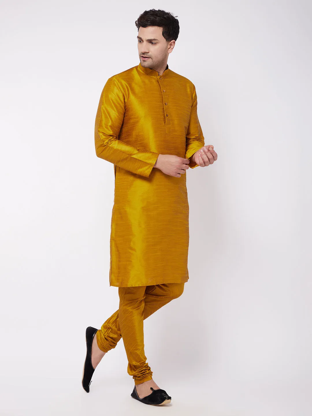 Jashvi Men's Mustard Solid Silk Blend Kurta Pyjama Set