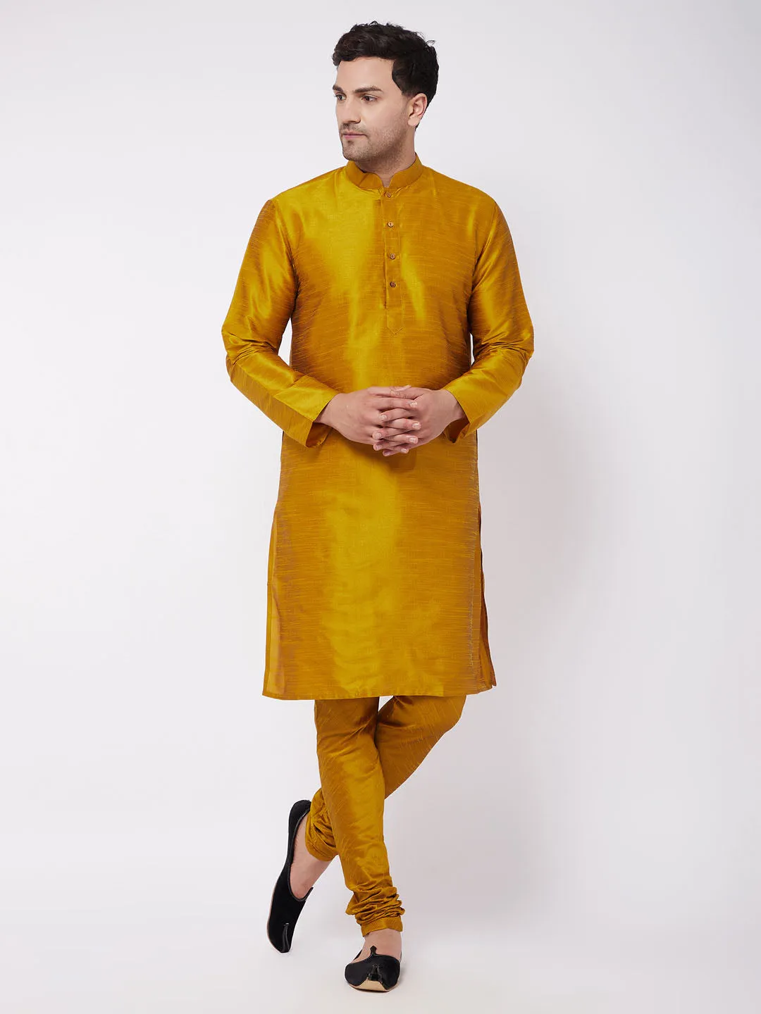 Jashvi Men's Mustard Solid Silk Blend Kurta Pyjama Set