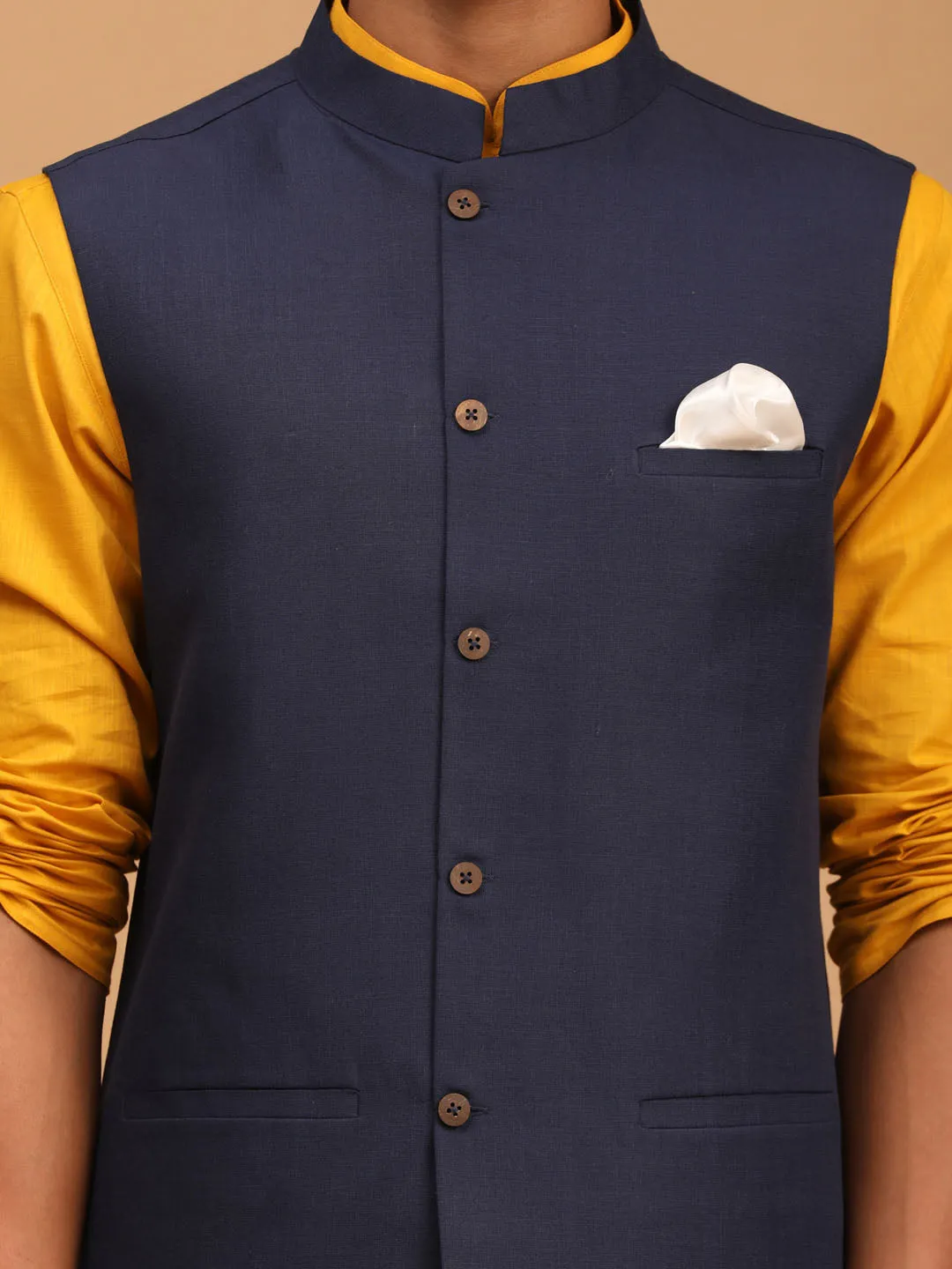 Jashvi Men's Navy Blue Solid Cotton Nehru Jacket With Mustard Kurta And White Pyjama Set