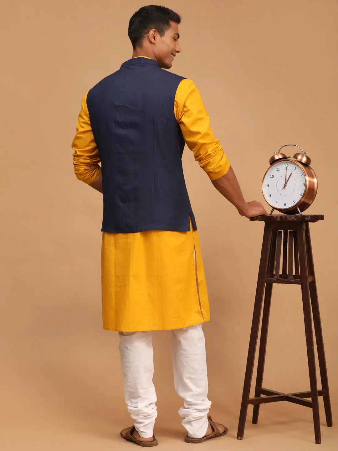 Jashvi Men's Navy Blue Solid Cotton Nehru Jacket With Mustard Kurta And White Pyjama Set