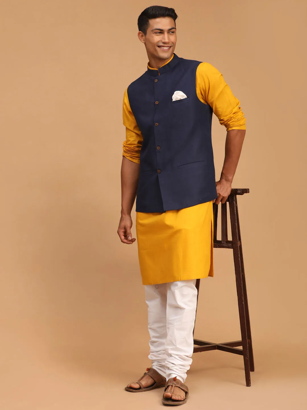 Jashvi Men's Navy Blue Solid Cotton Nehru Jacket With Mustard Kurta And White Pyjama Set