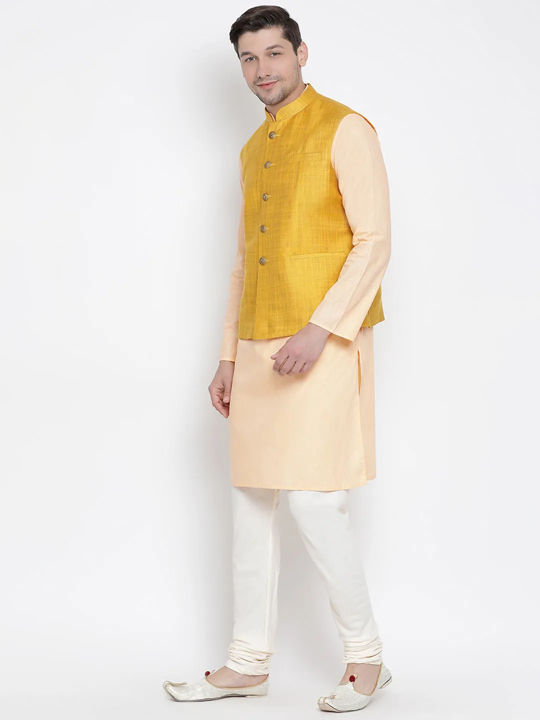 Jashvi Men's Orange Cotton Blend Kurta, Ethnic Jacket and Pyjama Set