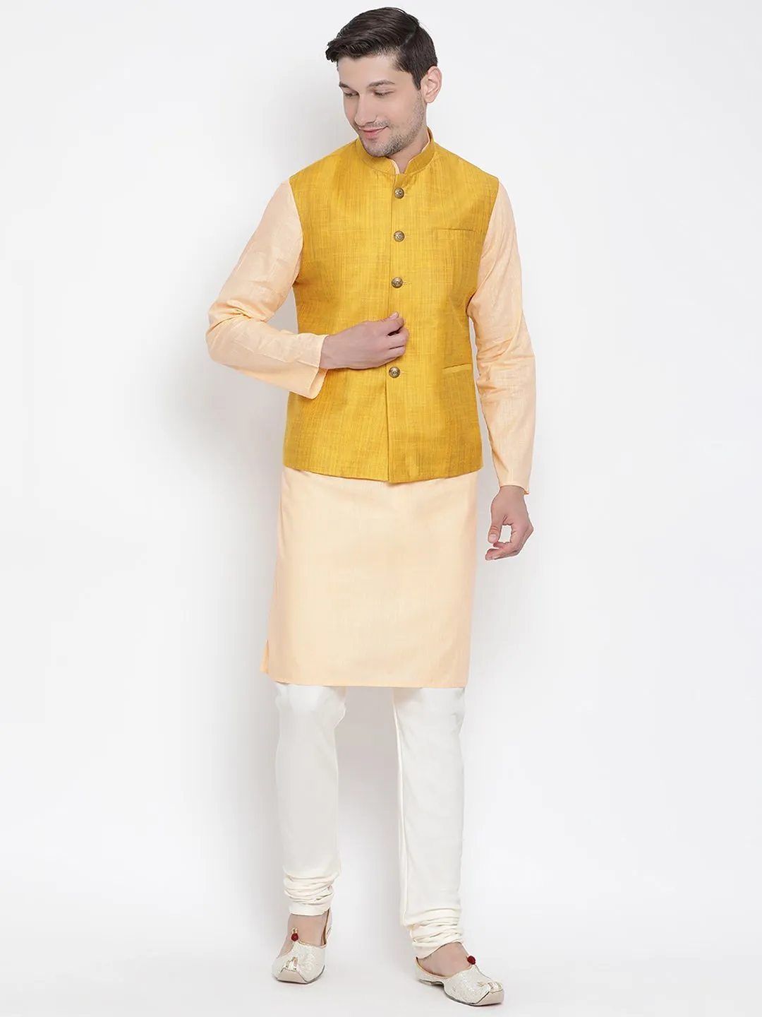 Jashvi Men's Orange Cotton Blend Kurta, Ethnic Jacket and Pyjama Set