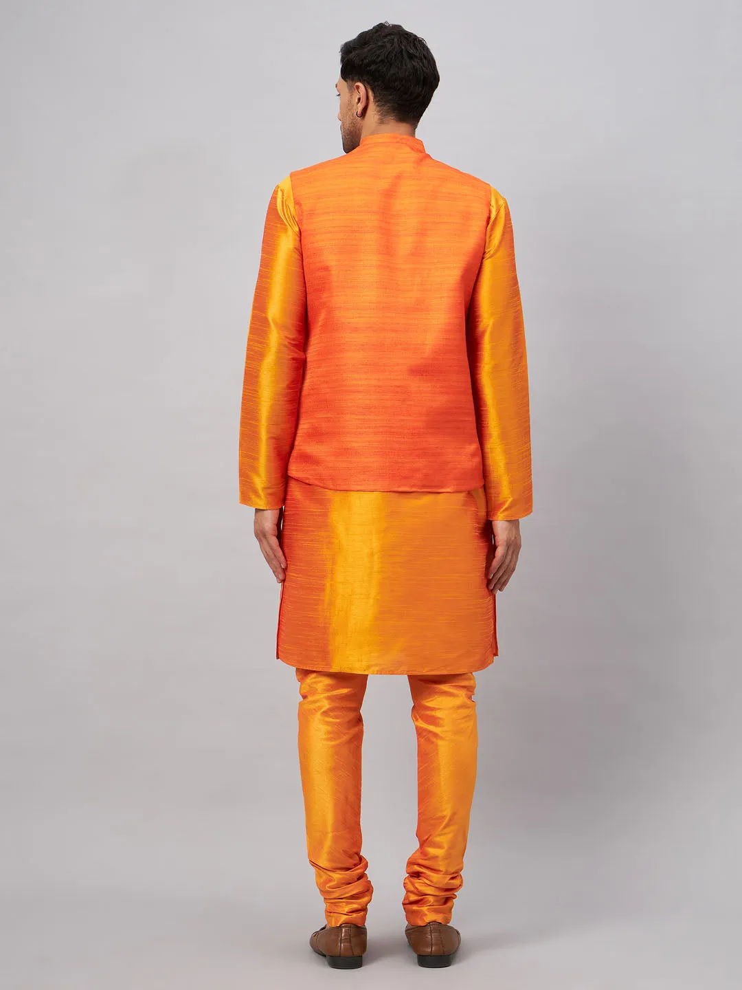 Jashvi Men's Orange Jacket With Kurta And Pyjama Set