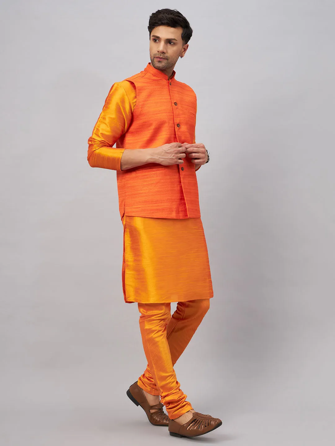 Jashvi Men's Orange Jacket With Kurta And Pyjama Set