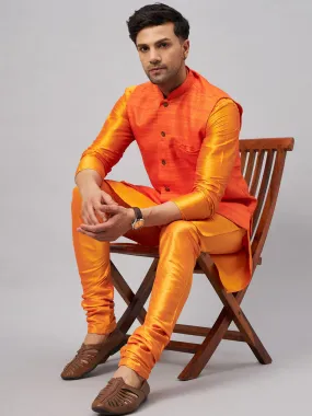 Jashvi Men's Orange Jacket With Kurta And Pyjama Set