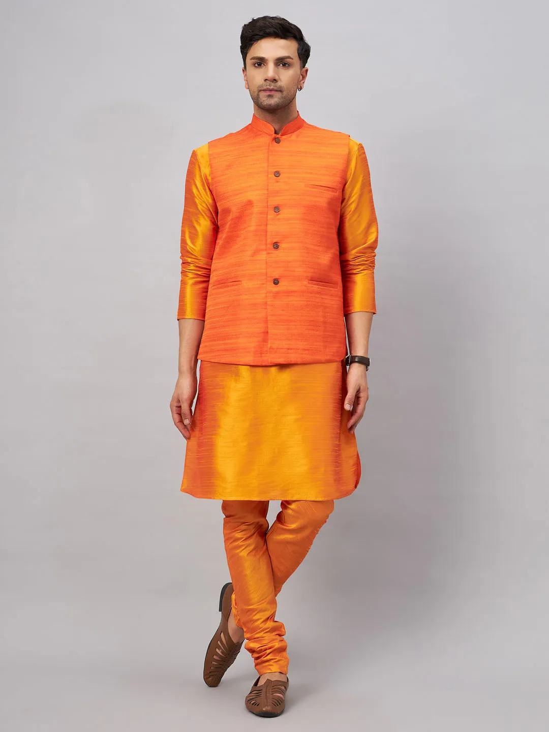 Jashvi Men's Orange Jacket With Kurta And Pyjama Set