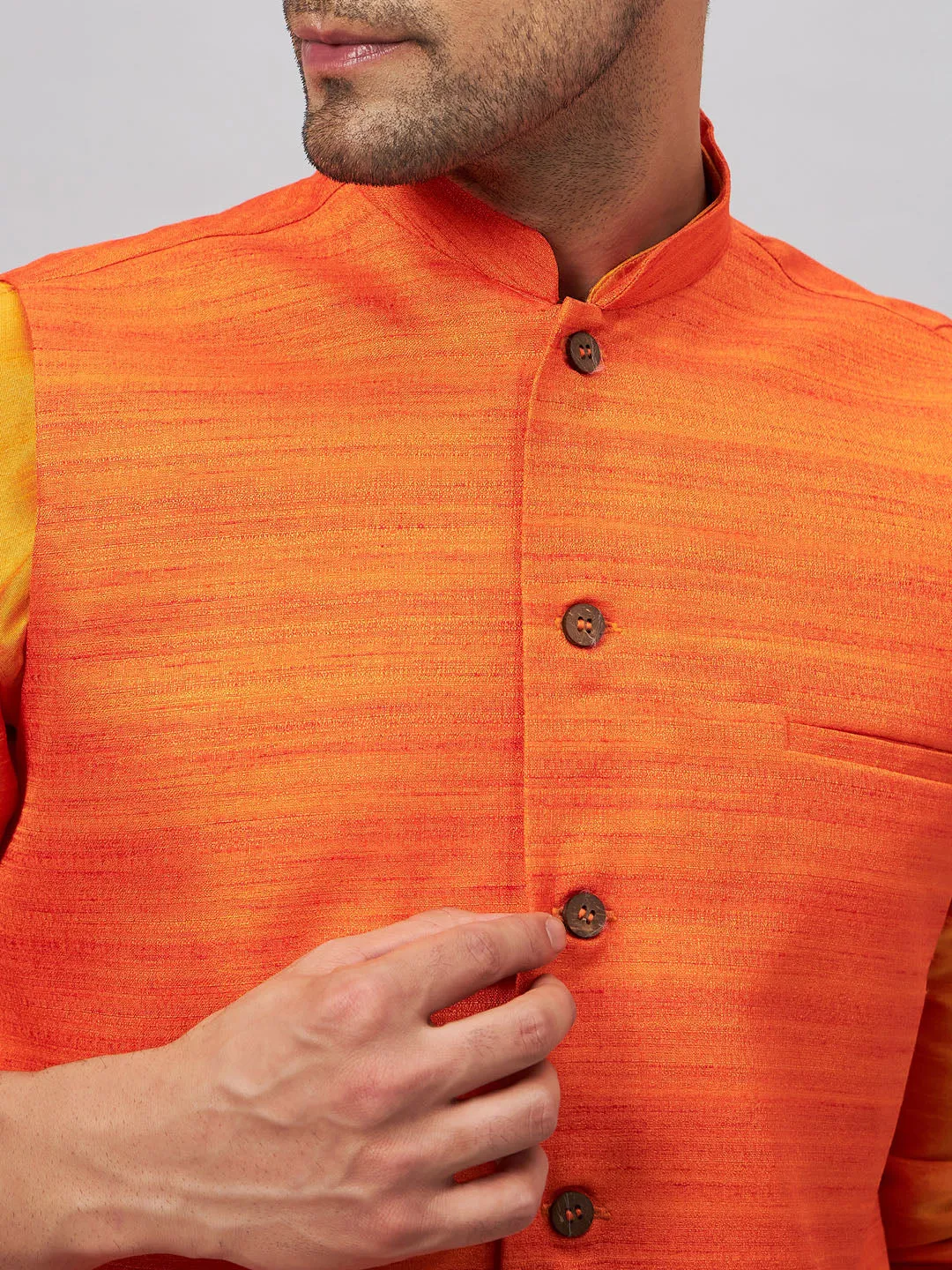 Jashvi Men's Orange Jacket With Kurta And Pyjama Set