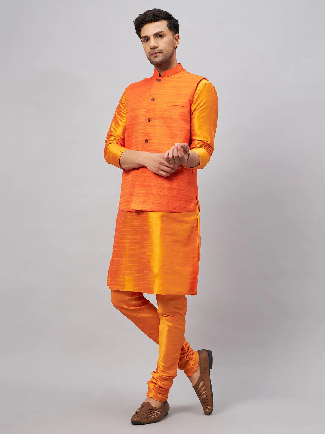 Jashvi Men's Orange Jacket With Kurta And Pyjama Set