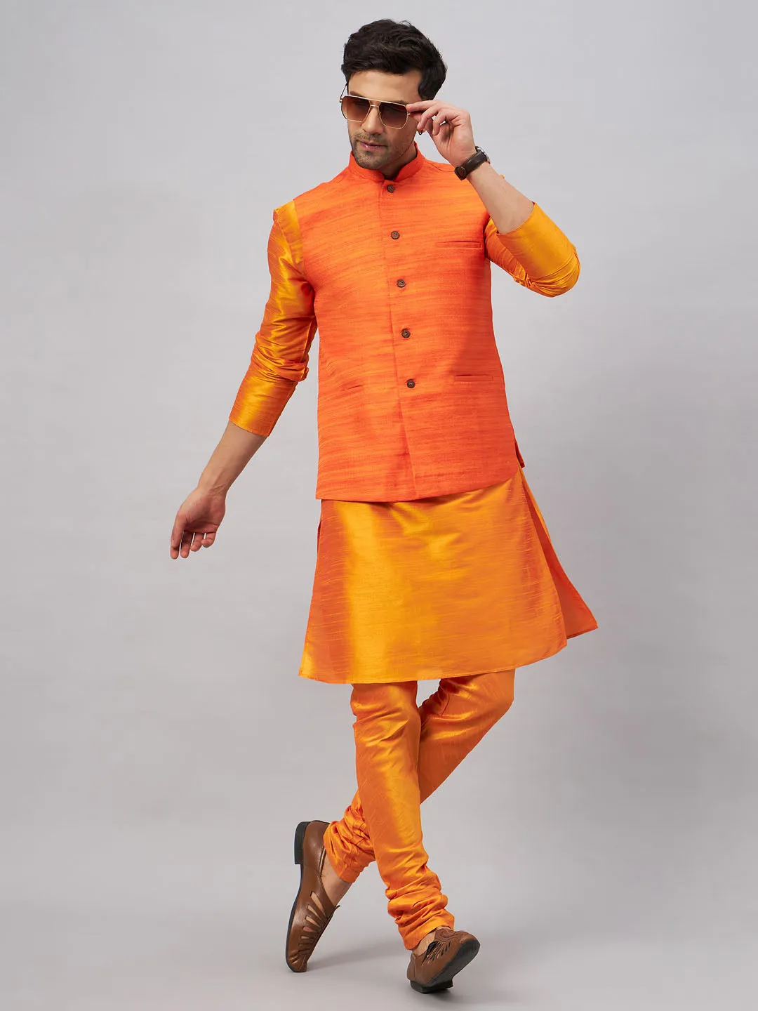 Jashvi Men's Orange Jacket With Kurta And Pyjama Set