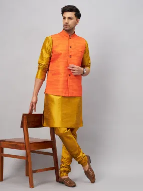 Jashvi Men's Orange Jacket With Mustard Kurta And Pyjama Set