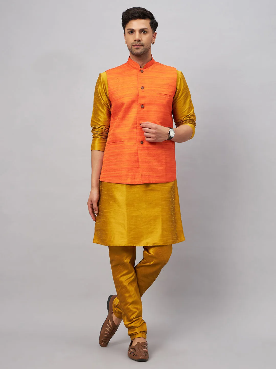 Jashvi Men's Orange Jacket With Mustard Kurta And Pyjama Set