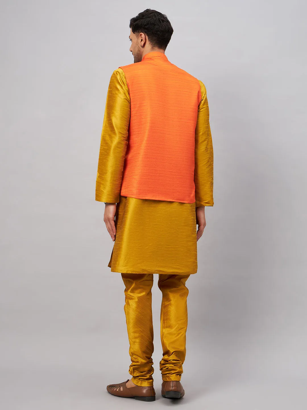 Jashvi Men's Orange Jacket With Mustard Kurta And Pyjama Set