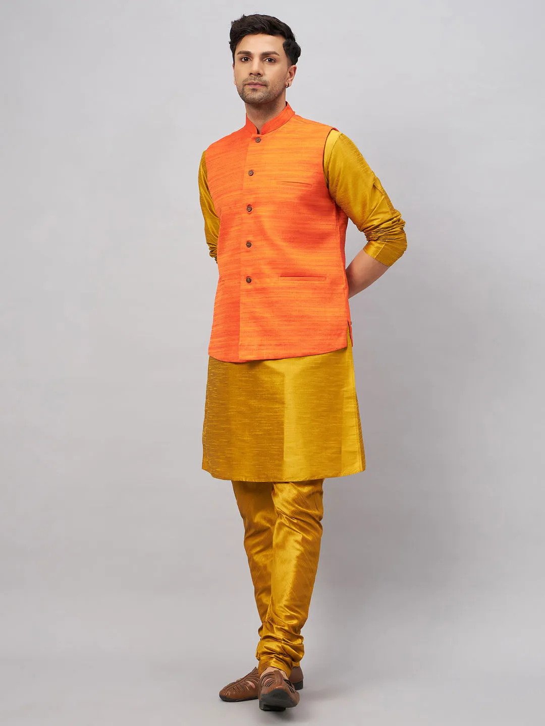 Jashvi Men's Orange Jacket With Mustard Kurta And Pyjama Set