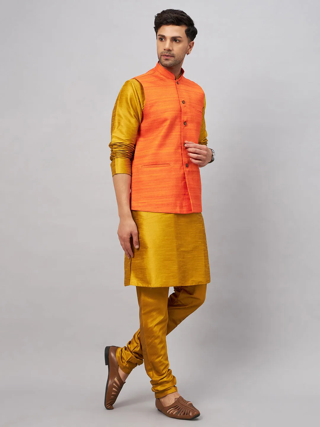 Jashvi Men's Orange Jacket With Mustard Kurta And Pyjama Set