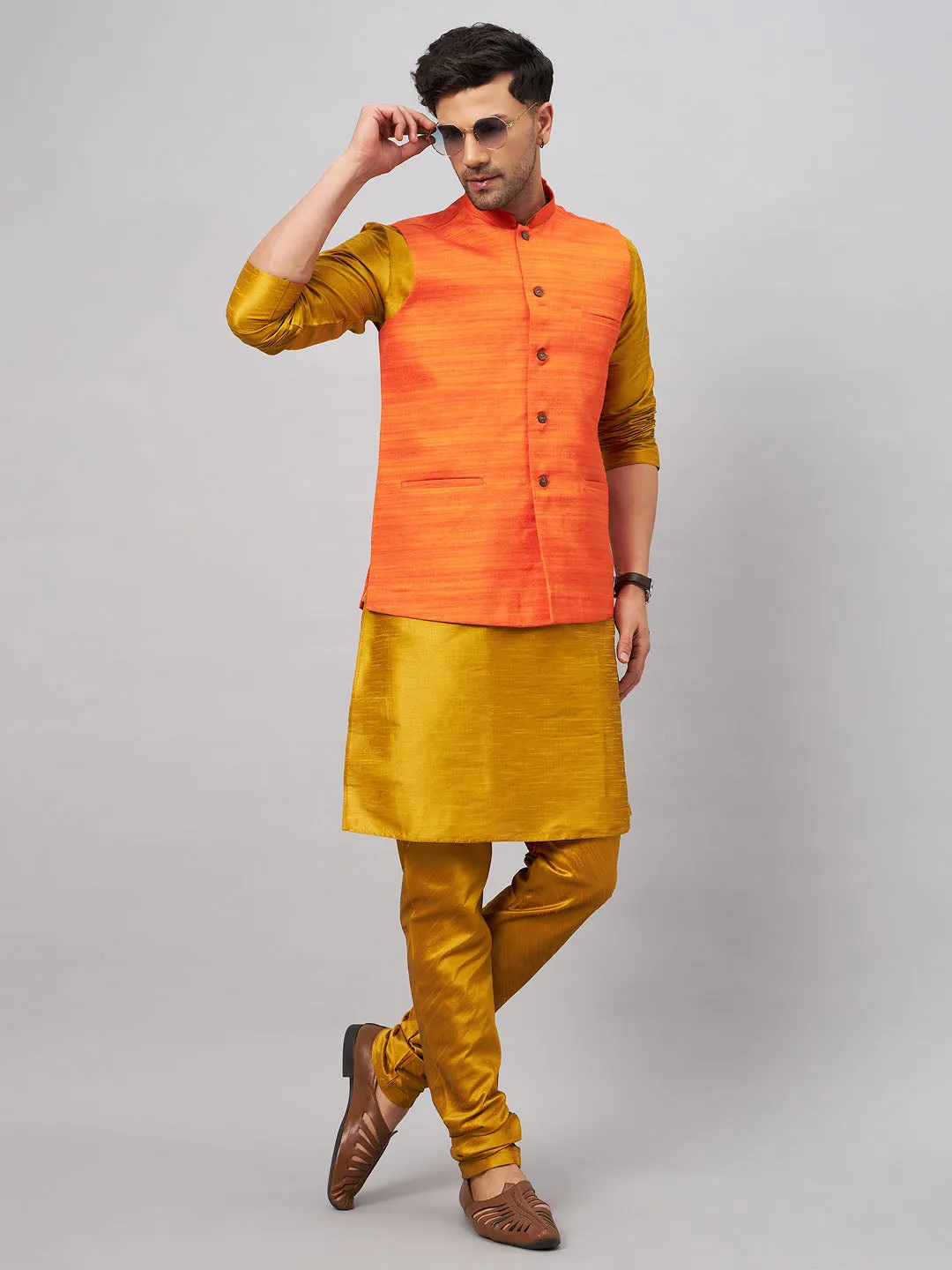 Jashvi Men's Orange Jacket With Mustard Kurta And Pyjama Set