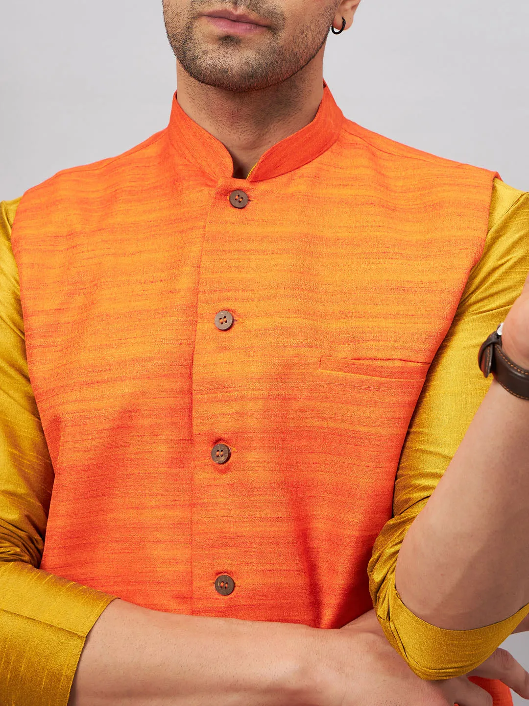 Jashvi Men's Orange Jacket With Mustard Kurta And Pyjama Set