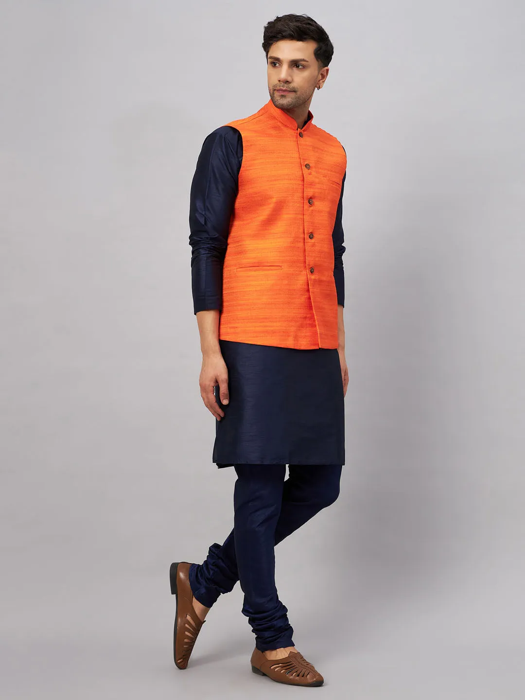 Jashvi Men's Orange Jacket With Navy Blue Kurta And Pyjama Set