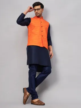 Jashvi Men's Orange Jacket With Navy Blue Kurta And Pyjama Set