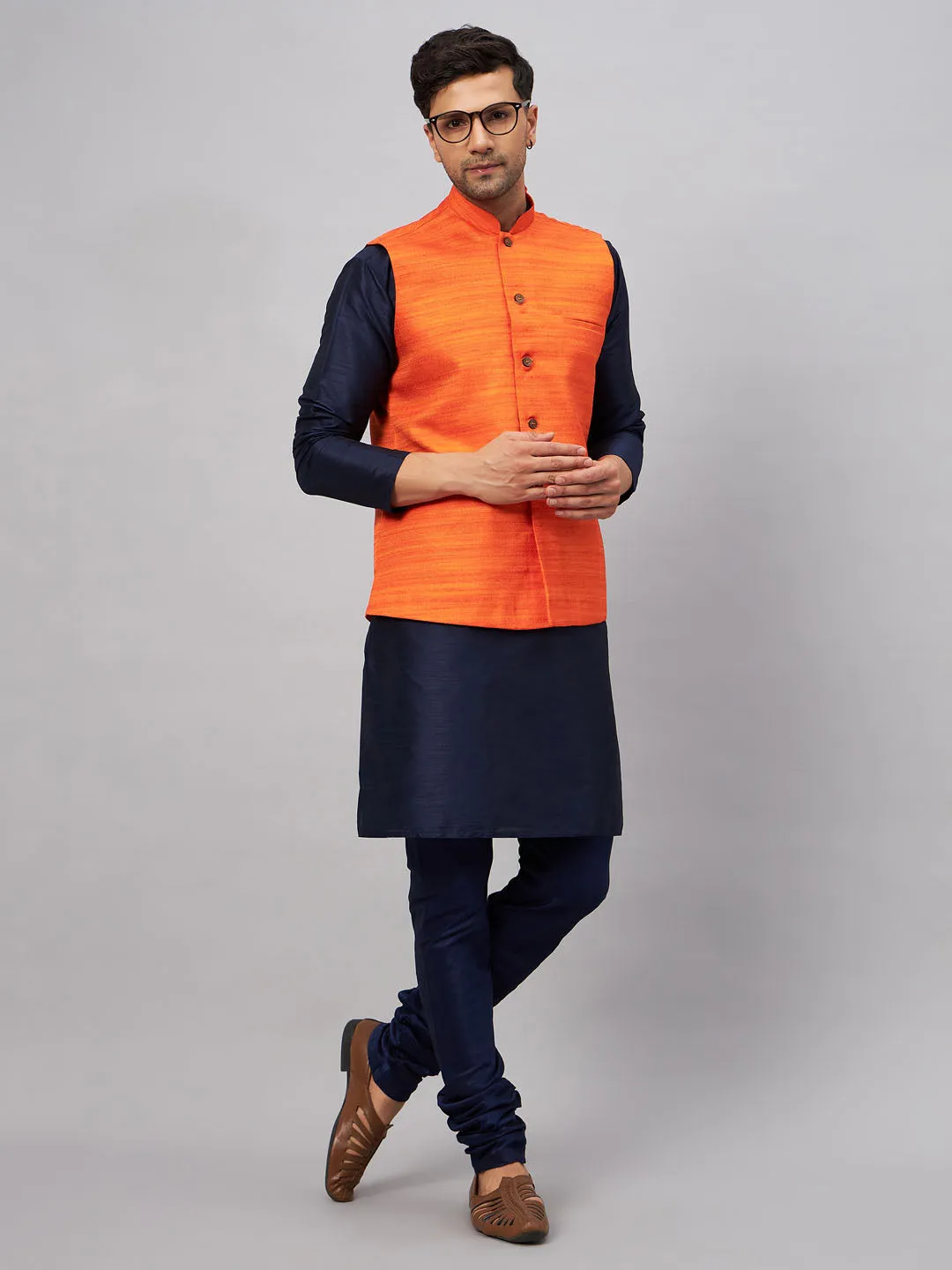 Jashvi Men's Orange Jacket With Navy Blue Kurta And Pyjama Set