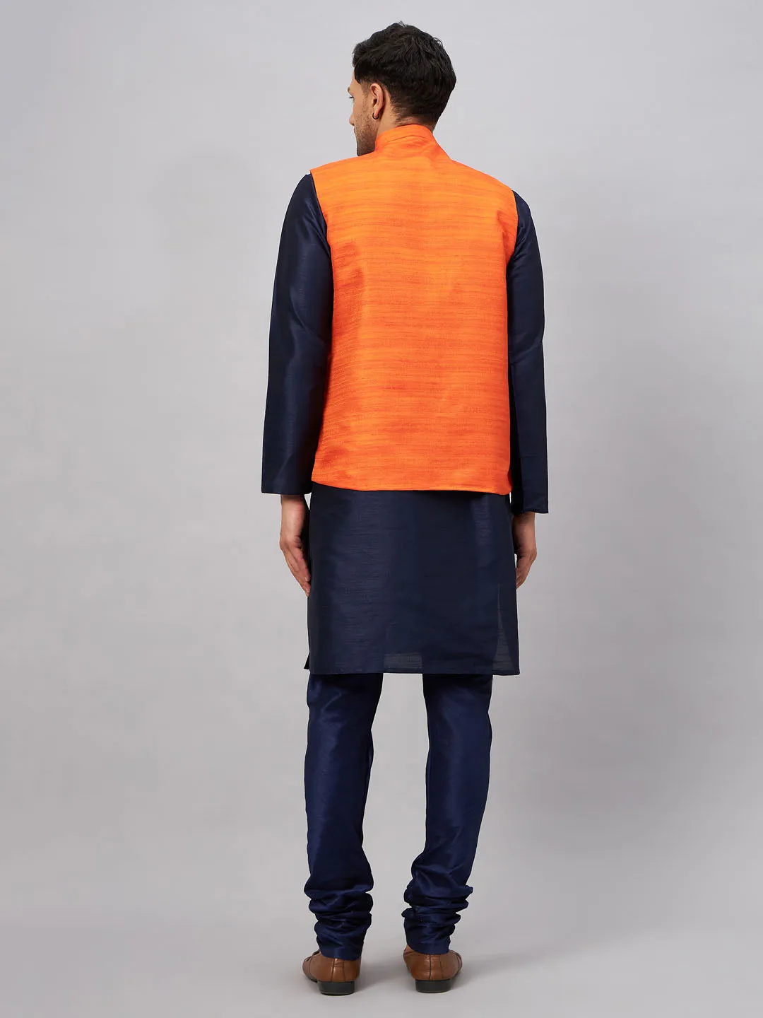 Jashvi Men's Orange Jacket With Navy Blue Kurta And Pyjama Set